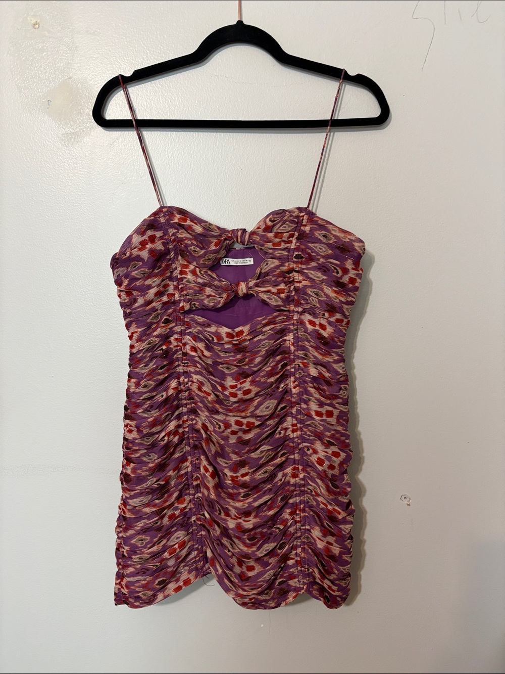 Zara Purple Abstract Ruched Cutout Mini Dress M - Picture 2 of 5